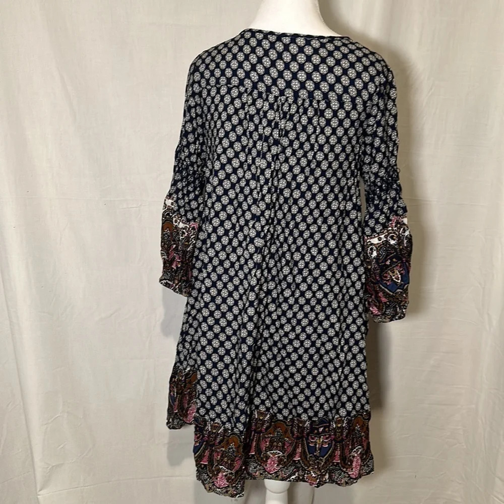 Umgee USA Womens small Tunic Dress Blue Embroidered Boho Aline Medallion - Picture 2 of 5